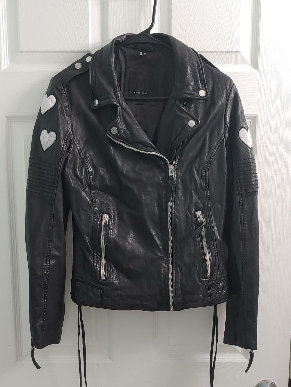 Mauritius Leather Jacket Reo RF Heart Black Moto Lambskin Women's Size 9/10